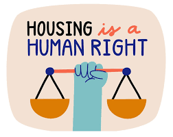 Picture of scales with wording "Housing is a Human Right"